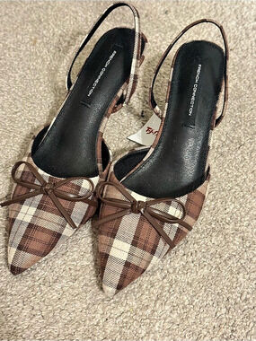 Plaid Bow Slingback Heels in Brown & White Size 6.5 NWT
